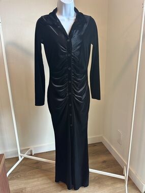 Fashion Nova Black Velvet Long-Sleeve Ruched Button-Front Maxi Dress